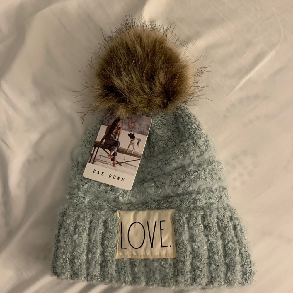 Rae Dunn David and Young Pom Pom Faux Fur Love Beanie Hat Blue